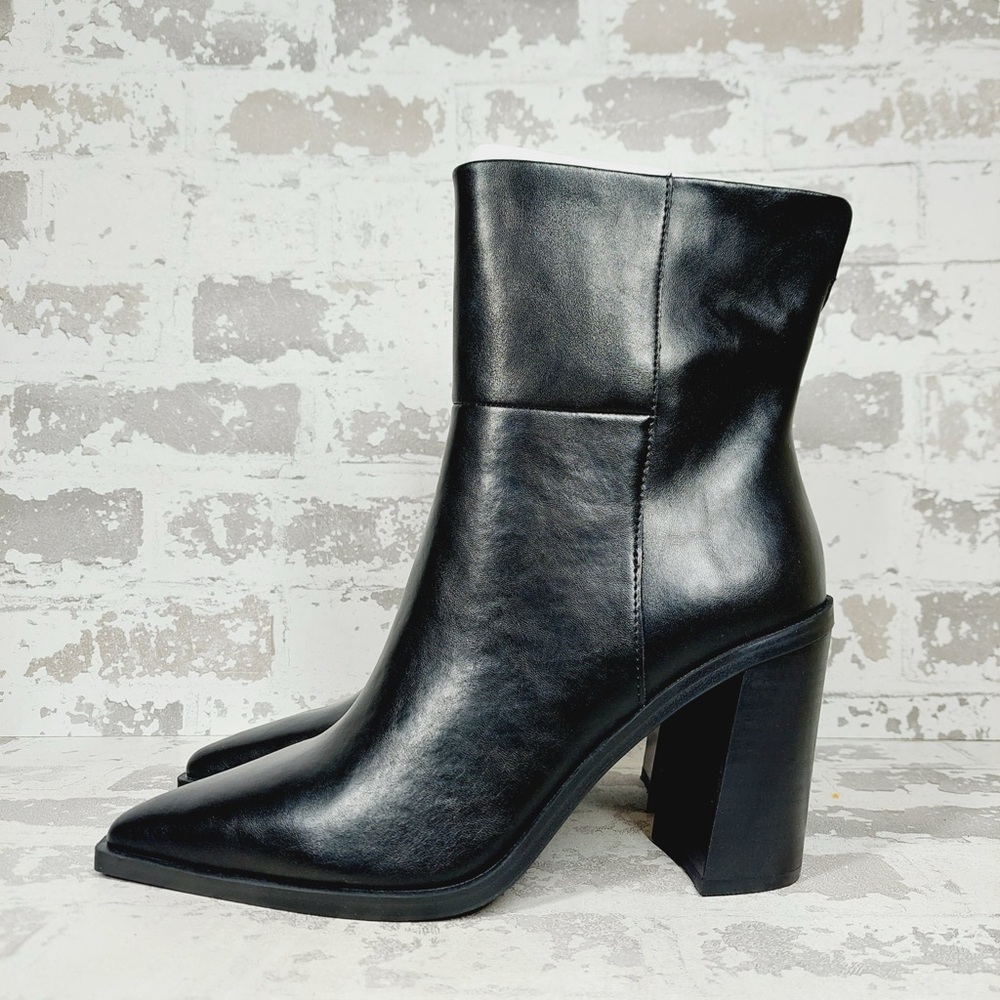 NEW Steve Madden Silvee Black Leather Snip Toe Block Heel Side Zip Boots A161